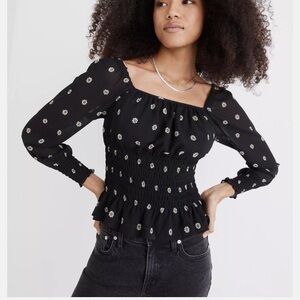 Madewell Square-Neck Georgette Top Womens Black Cropped Smock-Waist Blouse